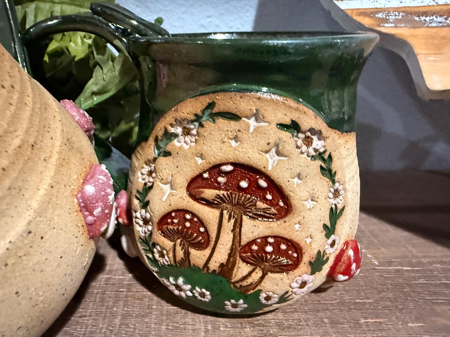 Whimsical stoneware mushroom mug